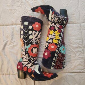 ARTEMIS by Erkan Demir Velvet Floral Embroidered Back Zip Western Boot